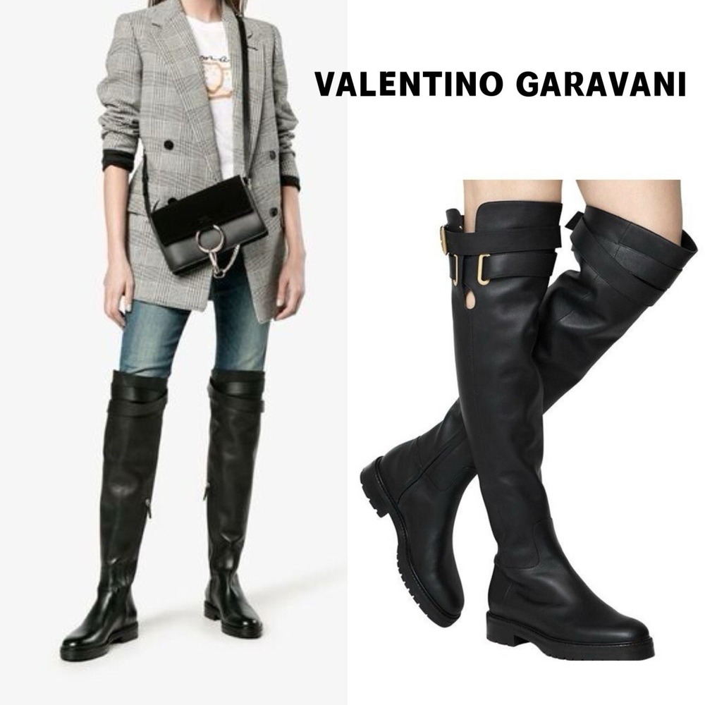 VALENTINO GARAVANI Bowrap buckled Black Leather Over The Knee OTK EU 38.5 US 8.5